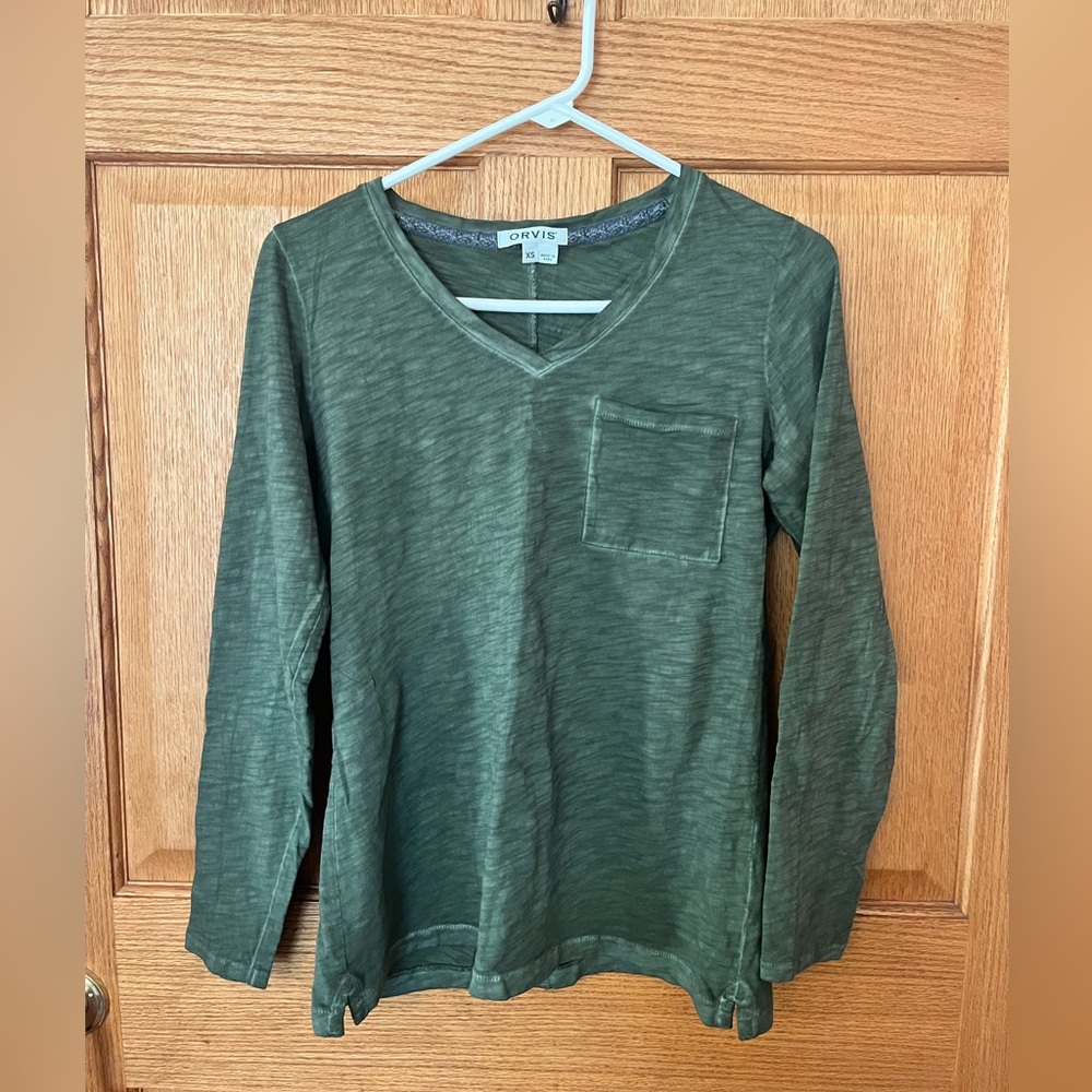Orvis green, V neck, long sleeve top